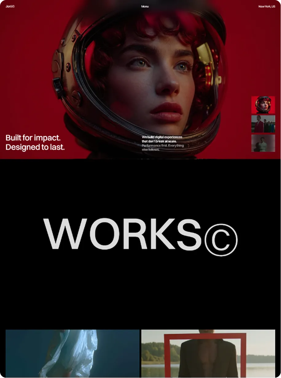 Close-up of a person wearing a space helmet with red hair and intense gaze on a red background.