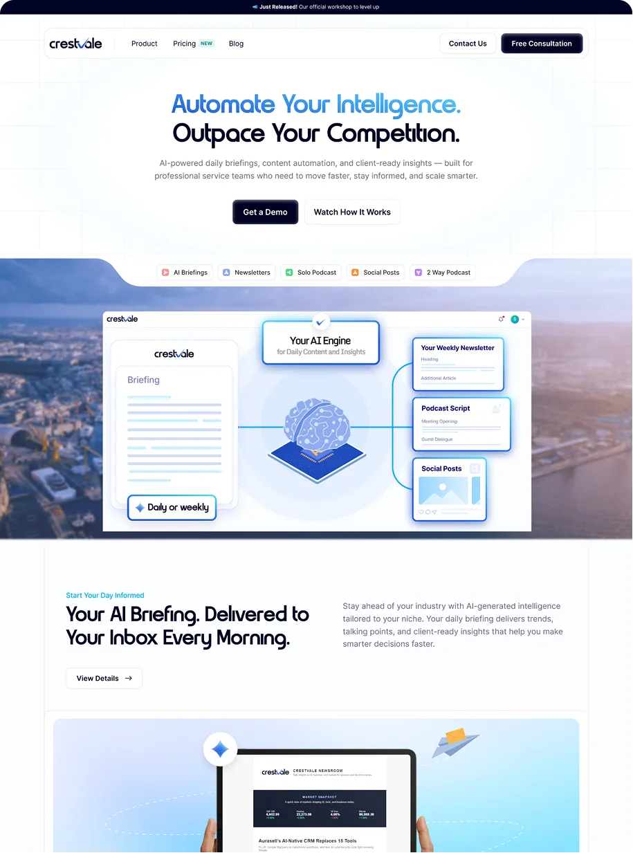 Website hero for Crestale showing AI-powered intelligence to automate briefings, newsletters, podcasts, and social posts.