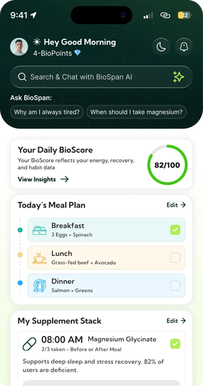 Mobile app screen showing BioScore of 82, daily meal plan, and magnesium supplement details.