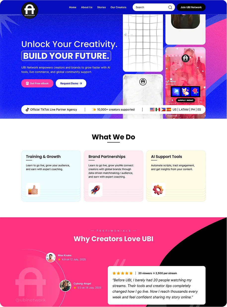 UBI Network homepage highlighting AI tools, creator support, brand partnerships, and user testimonials.