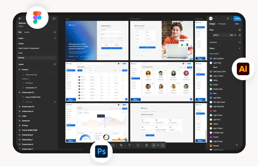 User interface design layout displayed in a design app with panels, charts, profiles, and color settings.