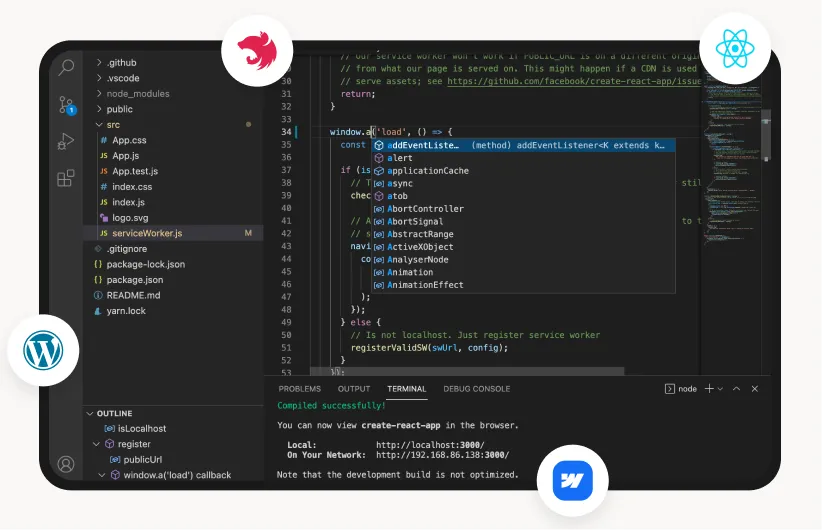 Code editor window with JavaScript code and terminal showing a successful React app build.