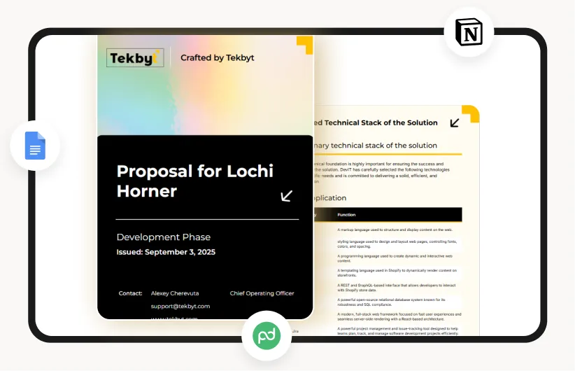 Proposal for Lochi Horner with development phase details and technical solution summary on a digital document.
