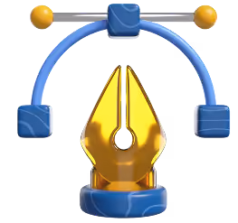 Icon of a gold pen tool tip with blue curve handles on a transparent background.