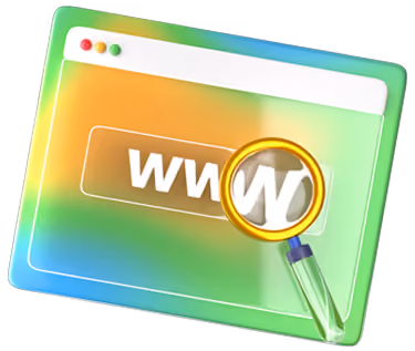 Colorful computer window with www text and magnifying glass highlighting the letter W.