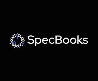 SpecBooks logo with stylized circular dot design on black background.