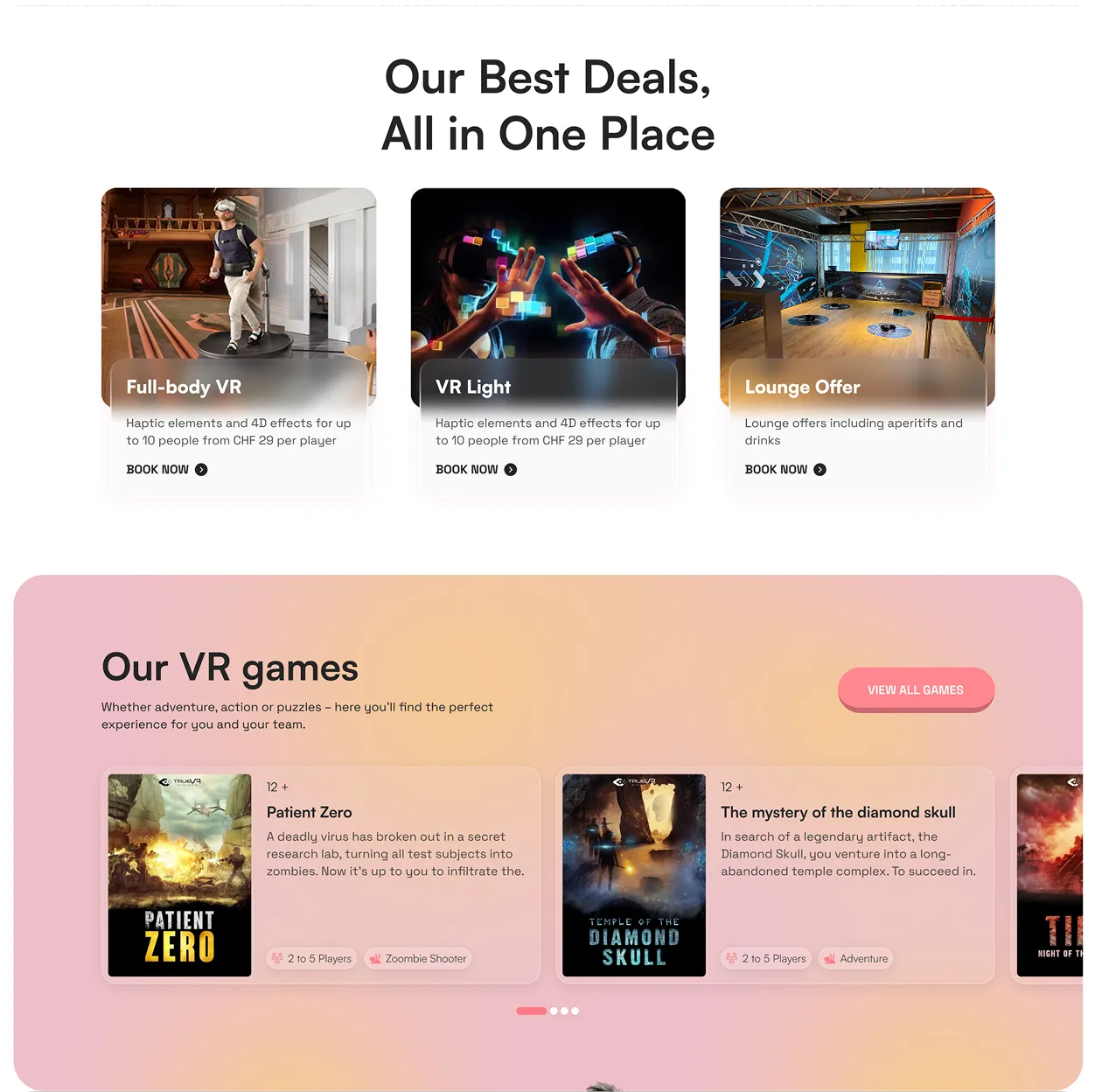 VR deals include Full-body VR, VR Light, Lounge Offer, and VR games Patient Zero and Diamond Skull.