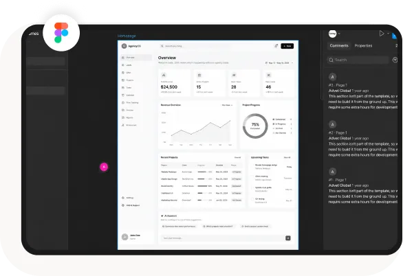 Dashboard showing project overview with revenue, tasks, issues, timeline, and progress charts.