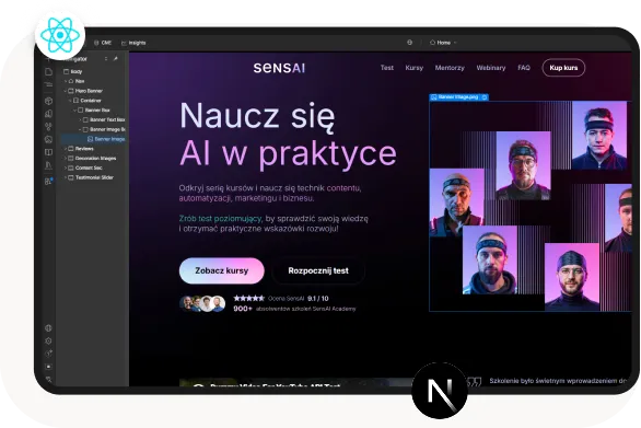 Website page for SensAI offering AI practical courses with test and course enrollment buttons in Polish.