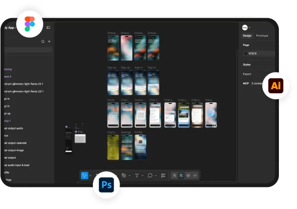 Dark-themed UI design tool software open with mobile app screen mockups and tool icons visible.