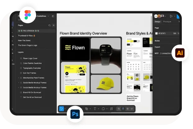 Computer screen showing design software with a brand identity overview, including logo, watch, cards, and hat.