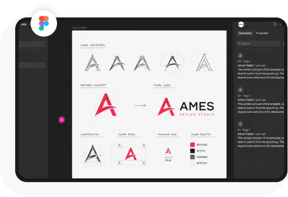 Logo design process showing sketches, refined concept, final logo, construction, clear space, size, and color palette.