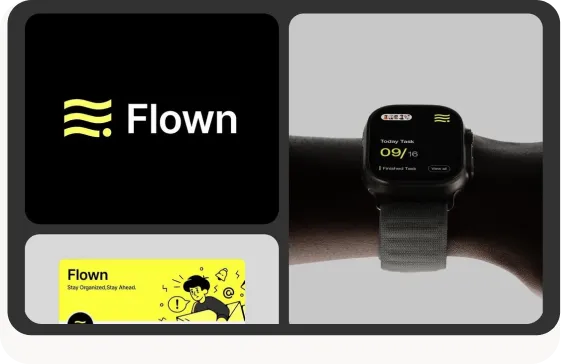 Flown logo, smartwatch showing task tracker app, and yellow card with cartoon and text Stay Organized.