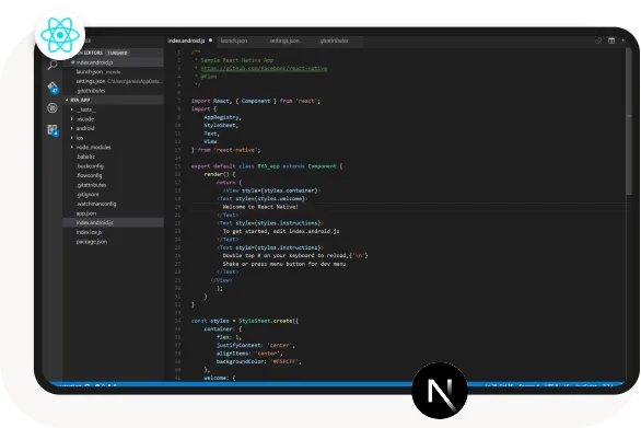 Code editor screen showing React Native app code with file explorer on left and app code on right.