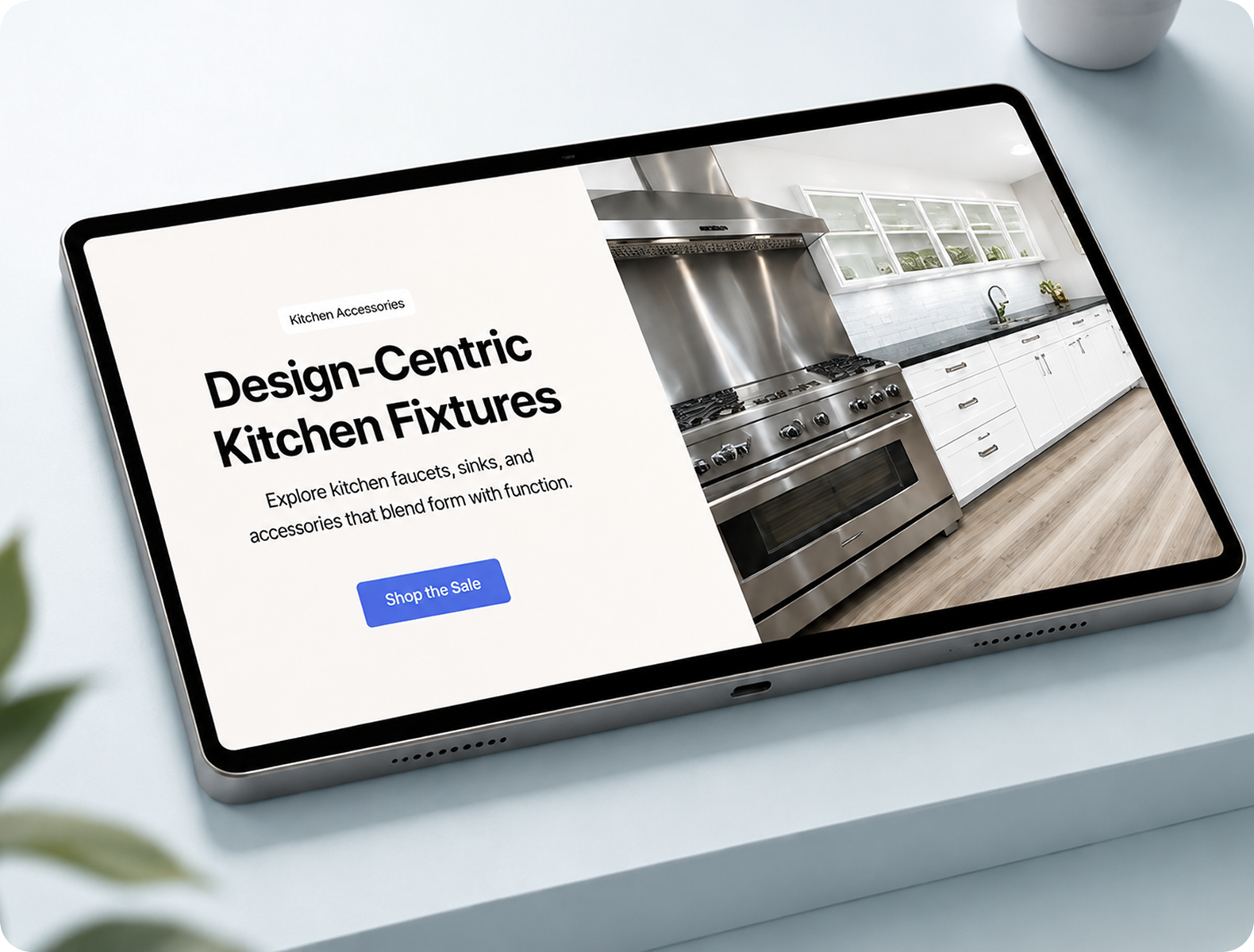 Tablet displaying a kitchen ad for design-centric fixtures with a stainless steel stove and white cabinets.