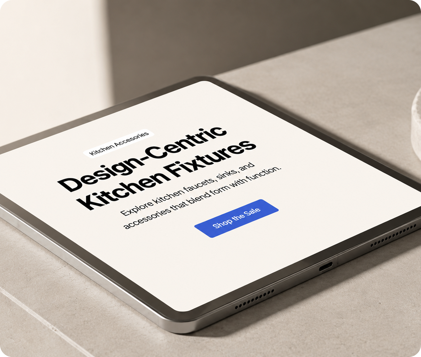 Tablet screen showing text: Design-Centric Kitchen Fixtures with a blue shop button.