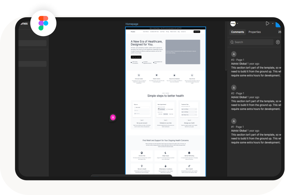 Figma workspace showing a healthcare website design with comments and properties panels.