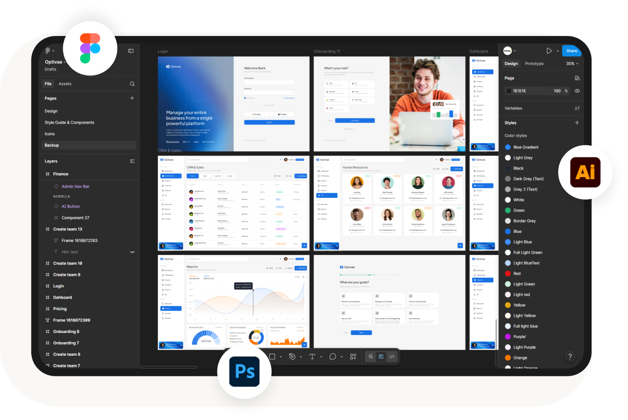 User interface design mockup showing dashboard layouts with design tool icons for Figma, Photoshop, and Illustrator.