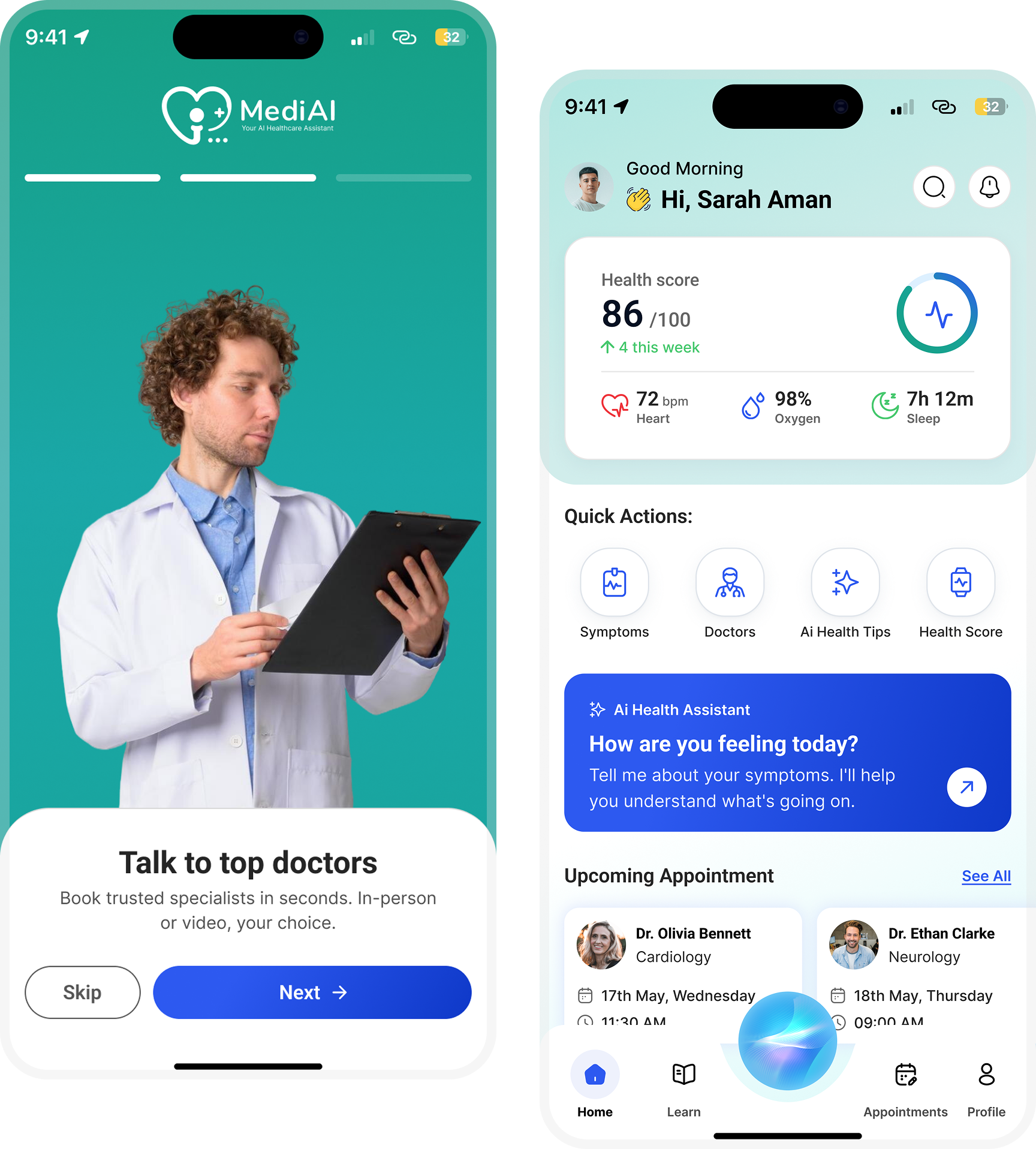 Mobile app screens: Doctor holding clipboard and user dashboard showing health score, symptoms, doctors, and appointments.