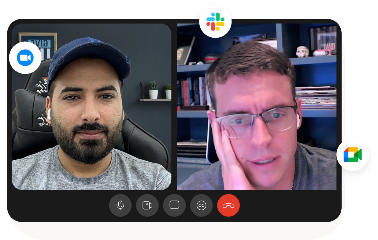 Video call screen showing a man with a cap and a woman with glasses smiling, using Zoom and Slack icons.