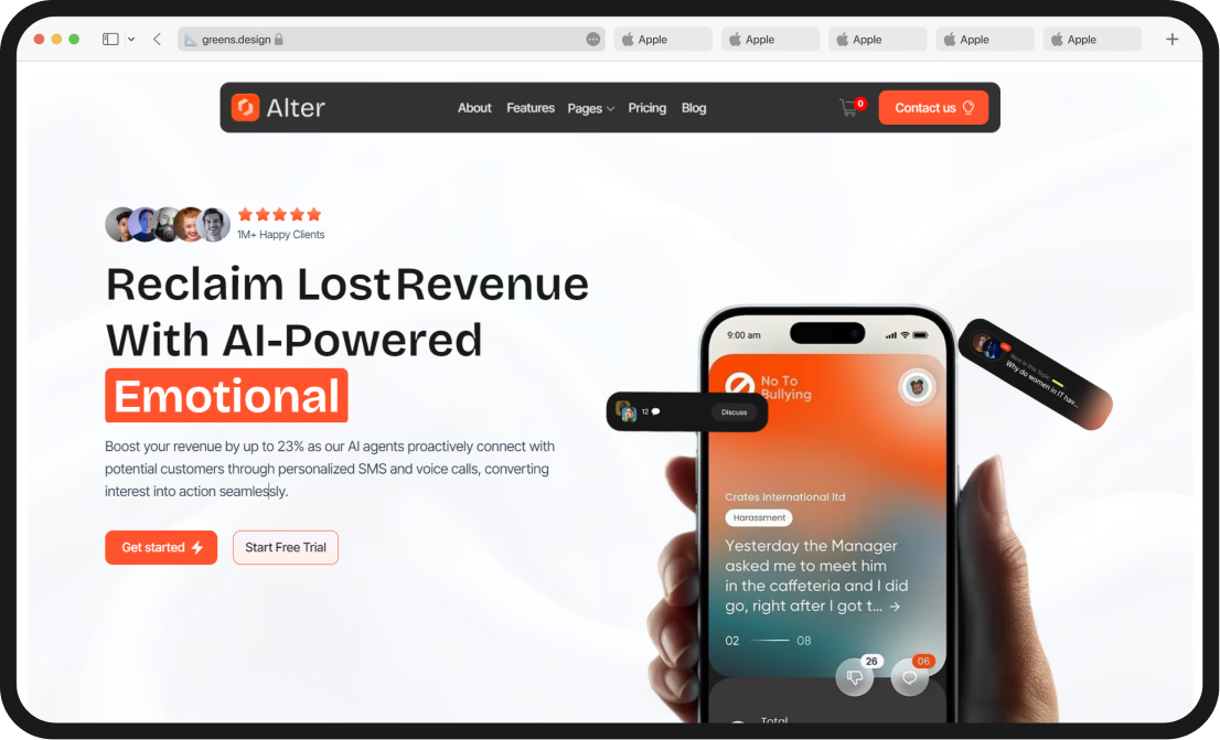 Website homepage showing AI-powered revenue recovery service with a hand holding a smartphone app interface.