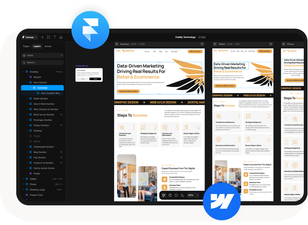User interface of web design software showing a responsive marketing webpage layout for different devices.