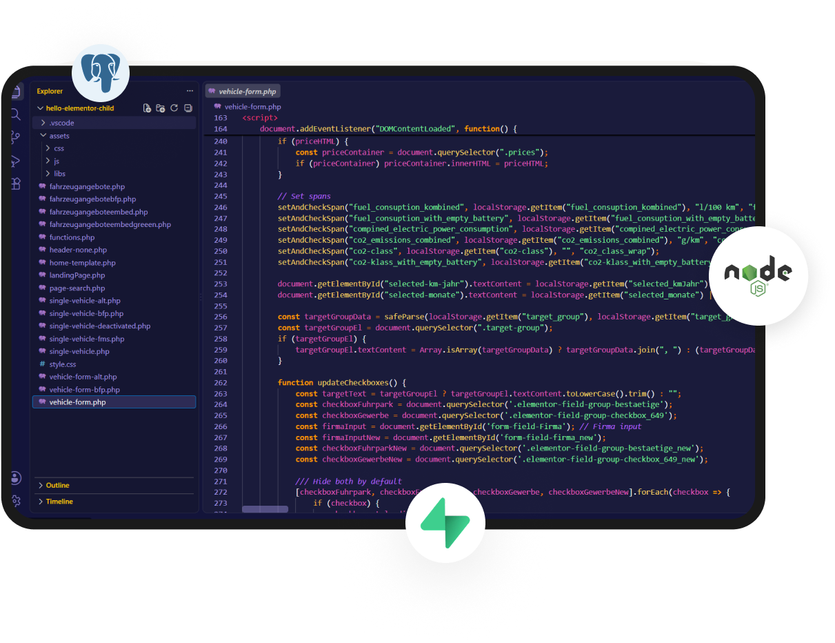 Code editor window showing JavaScript code with Node.js and Vite logos on a transparent background.