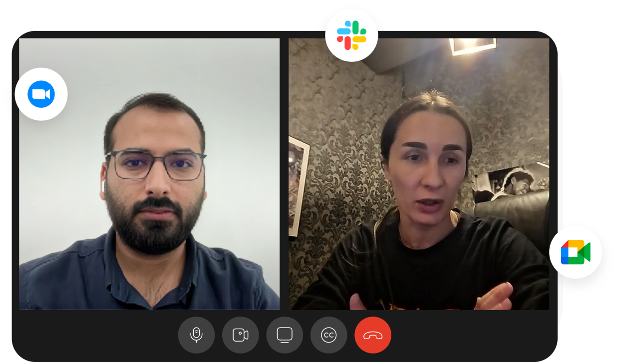 Two people in video call interface, one man with cap and beard, one woman with glasses smiling.