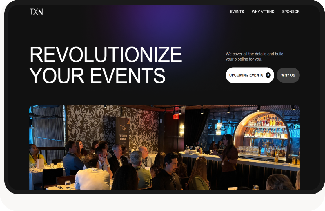 Website homepage with text 'Revolutionize Your Events' and photo of people attending a talk in a bar.