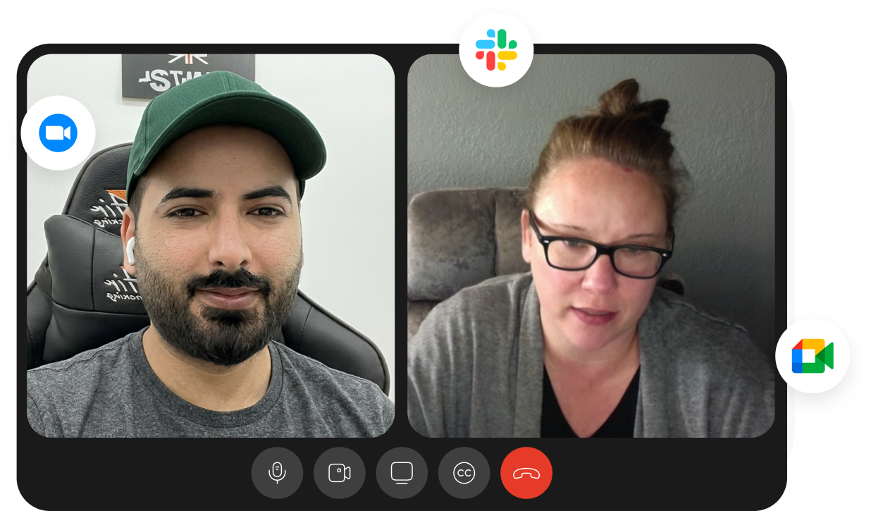 Video call screen showing a man with a cap and a woman with glasses smiling, using Zoom and Slack icons.