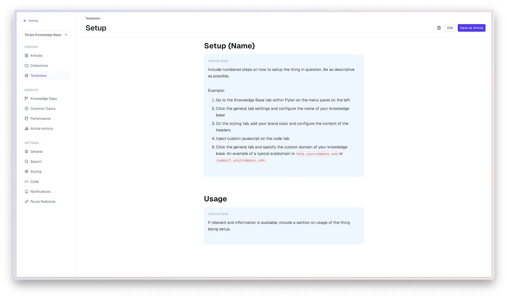 Pylon setup knowledge base article template