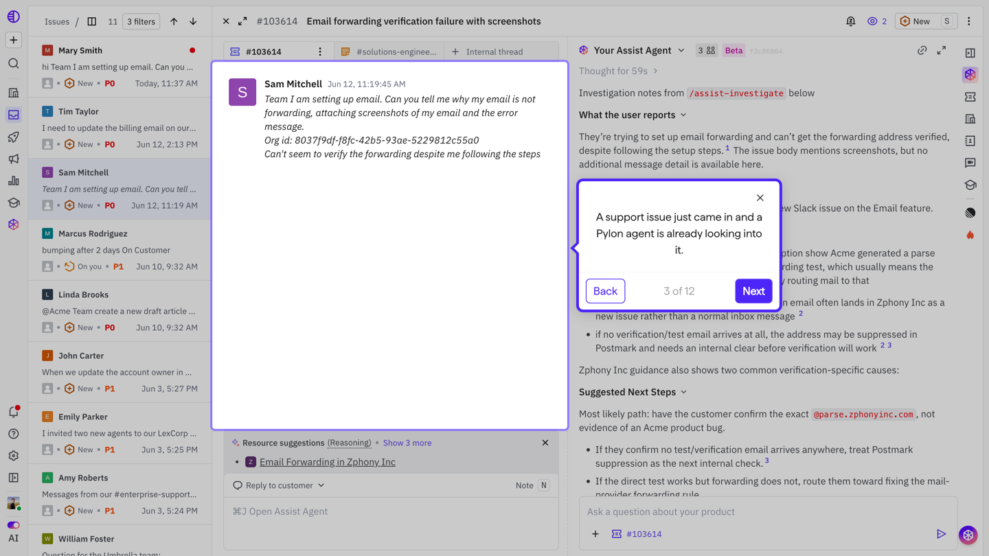 Pylon agentic support demo: an open support issue with the Assist Agent investigation panel