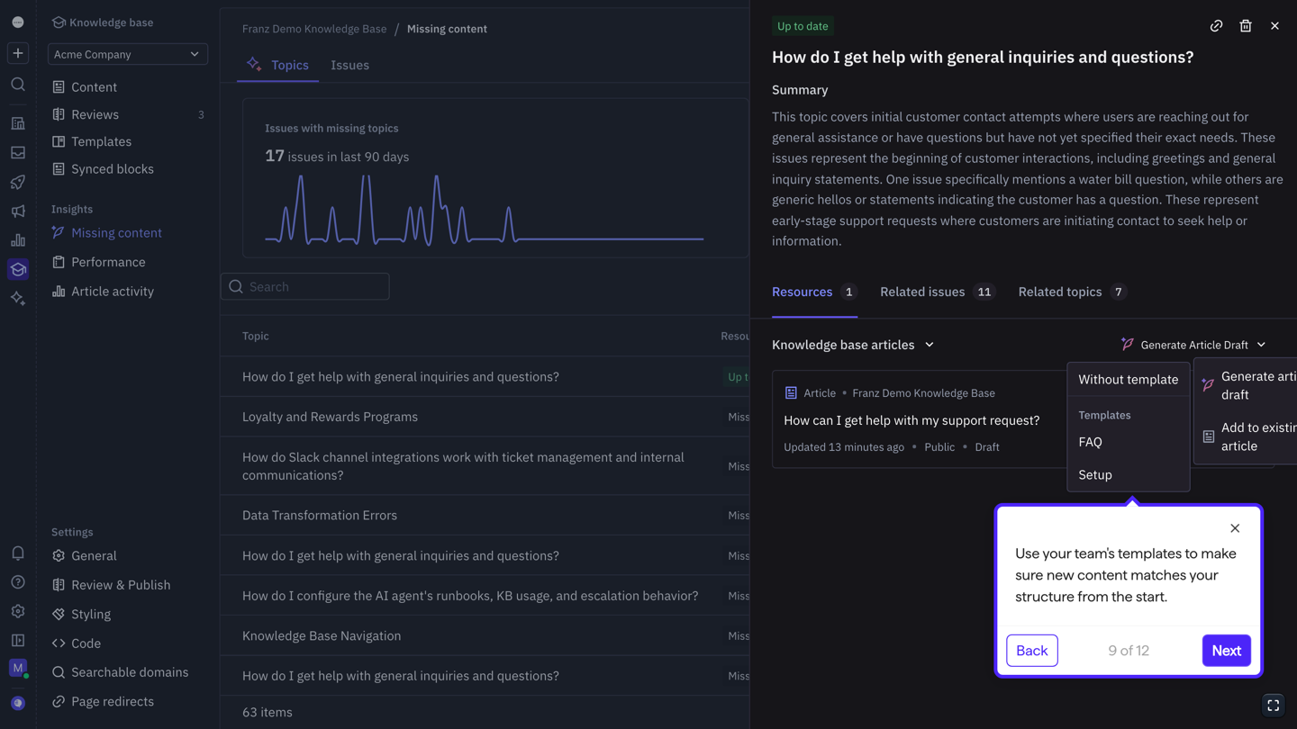 Pylon knowledge base demo: the missing content view with an AI article draft being generated