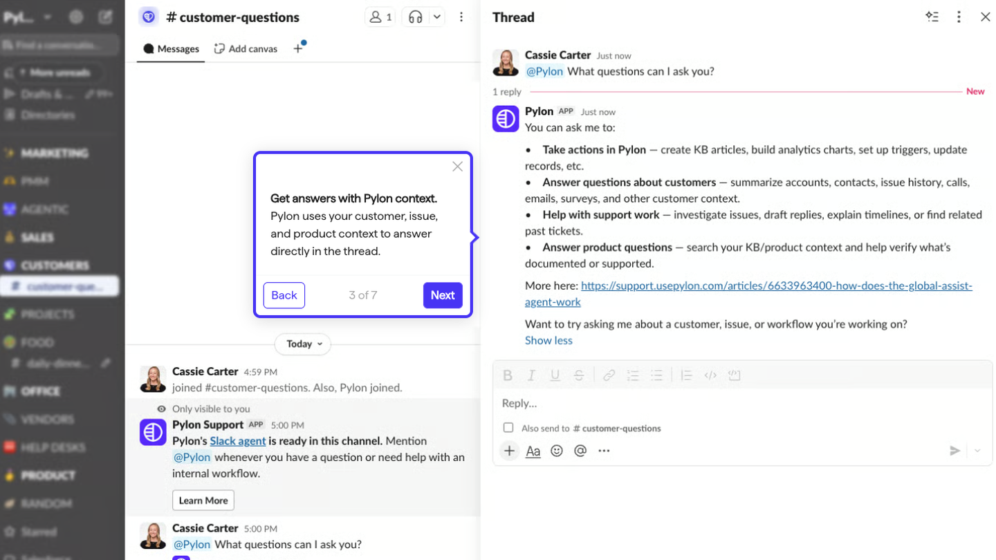 Pylon Slack Agent demo: the Pylon app answering a question in a Slack channel thread