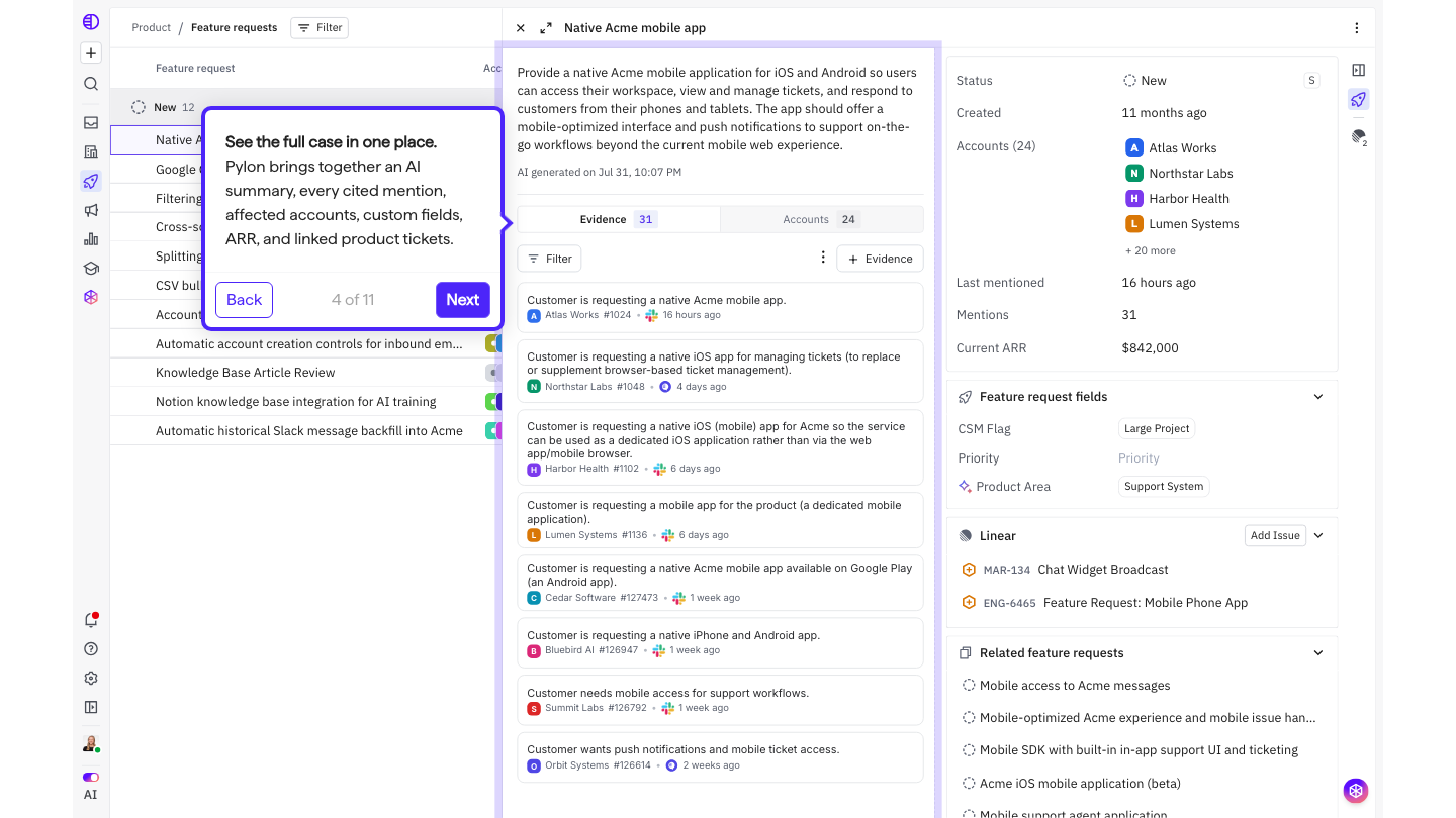 Pylon product intelligence demo: a feature request with its AI summary, cited customer mentions, ARR, and linked product tickets