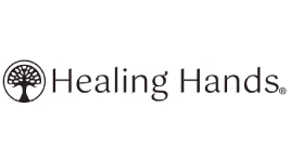 Healing Hands brand logo with an icon beside the text on a black background.