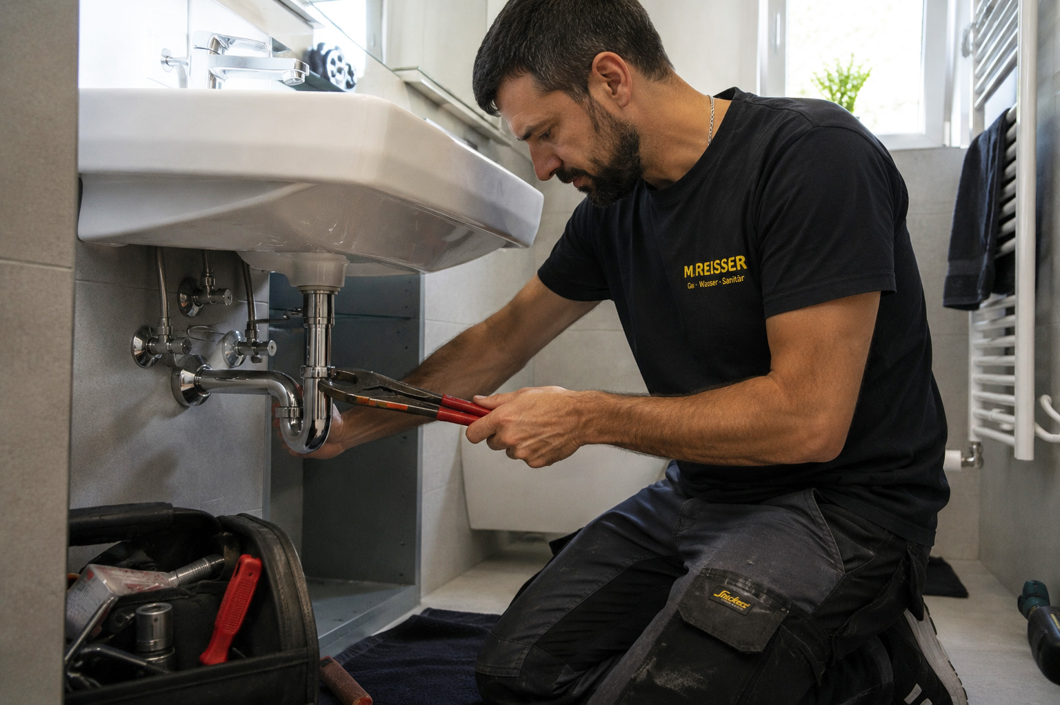 Ein Installateur repariert mit Zange die Abflussrohre unter einem Waschbecken im Badezimmer.