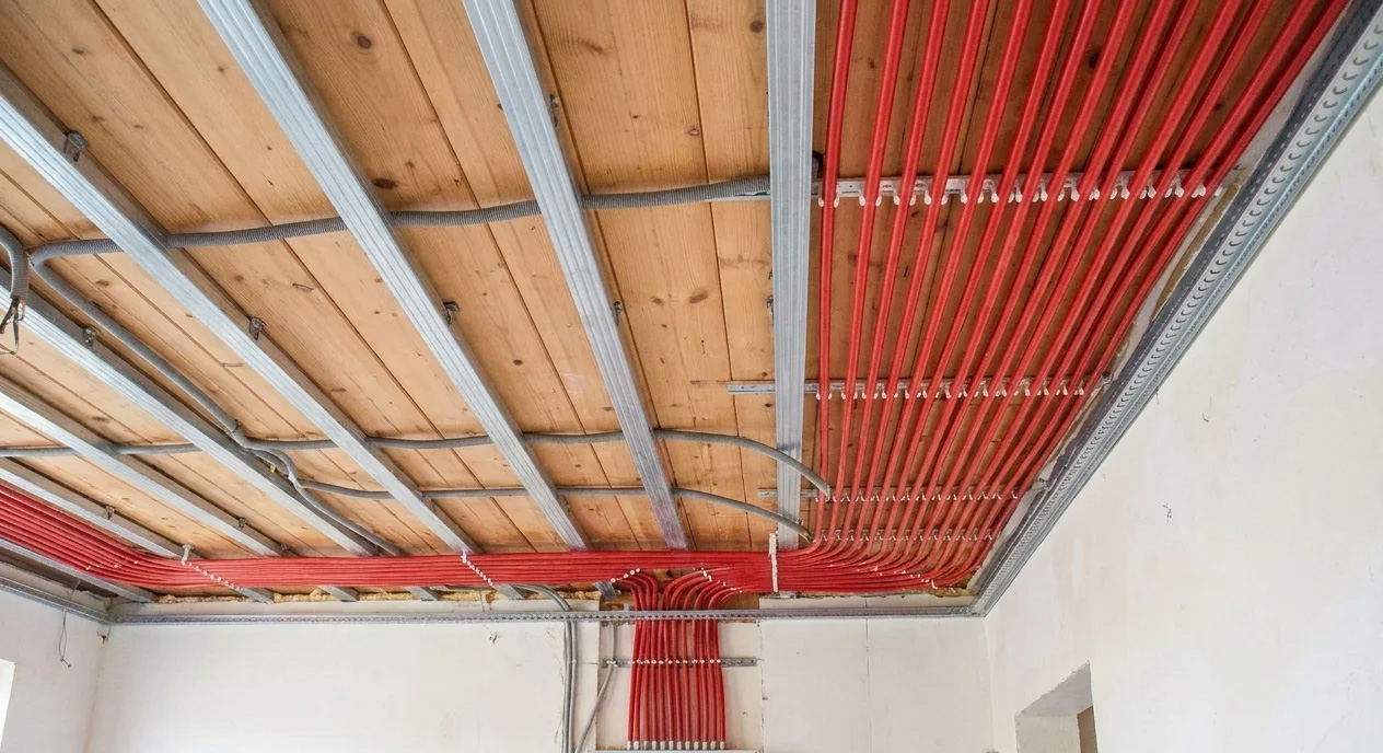 Rote Rohre einer installierten Deckenheizung in einem Raum mit Holzbalkendecke und weißen Wänden.