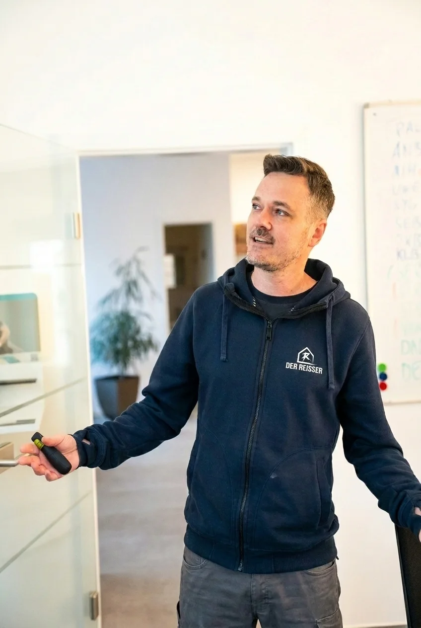Mann mit kurzem Haar und Bart lächelt, trägt blaue Jacke mit Der Reisser Logo am Arbeitsplatz.
