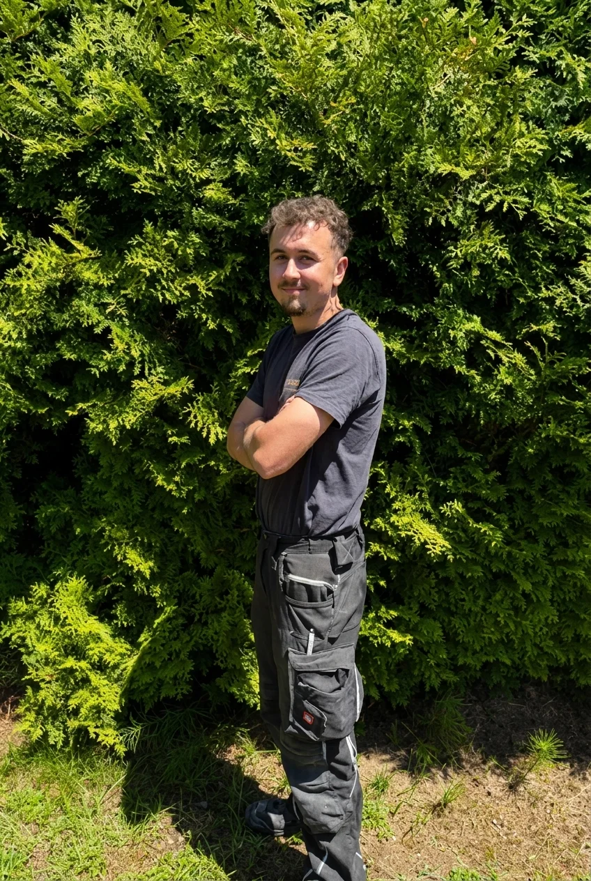 Ein Mann mit verschränkten Armen steht vor einem dichten, grünen Busch im Sonnenlicht.