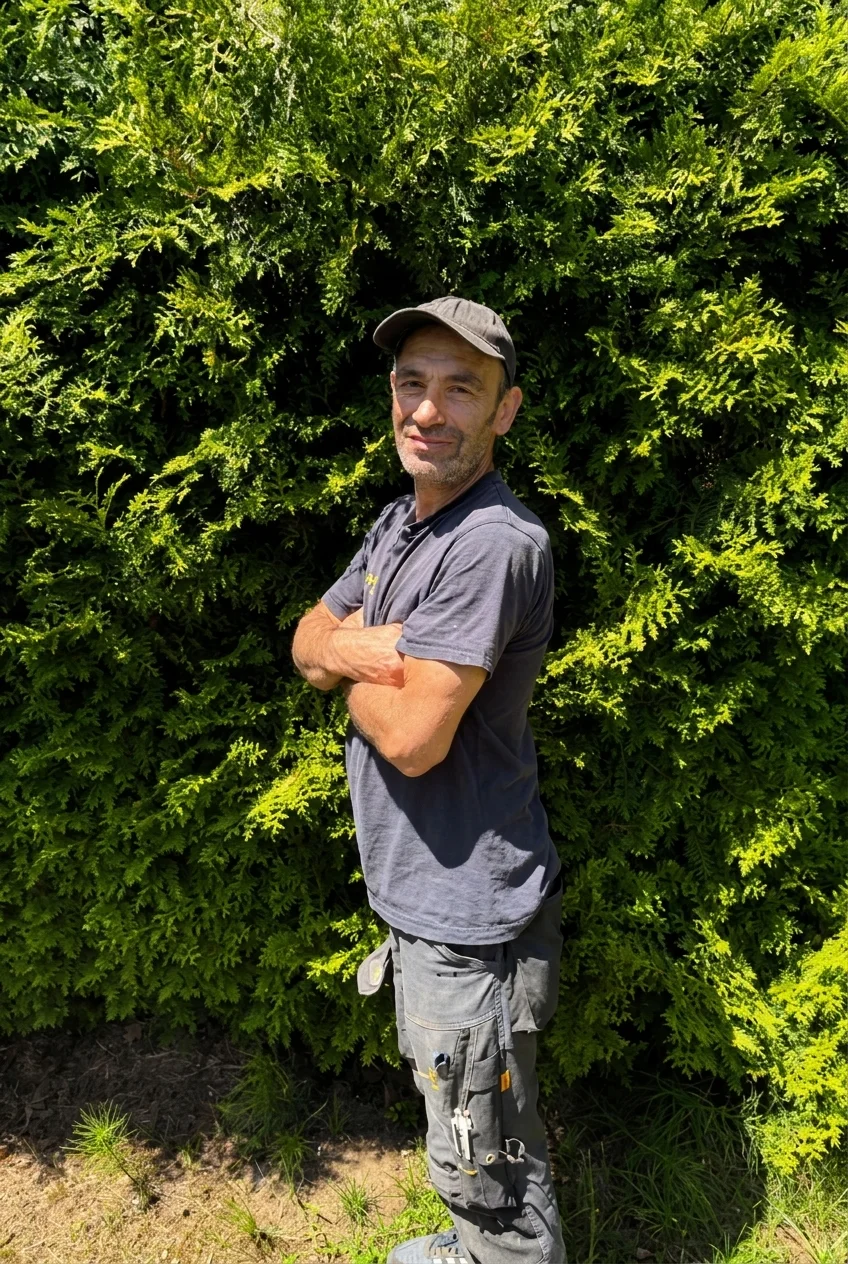 Mann in grauem T-Shirt und Hose vor dichtem, grünem Gartenstrauch stehend mit verschränkten Armen.