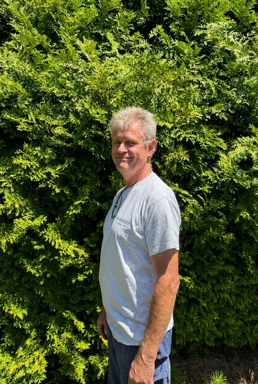 Älterer Mann mit grauem Haar steht lächelnd vor grüner Hecke im Sonnenschein.