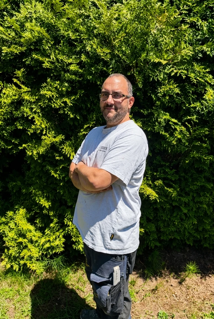 Mann mit Brille und grauem T-Shirt steht vor grünem Busch mit verschränkten Armen.