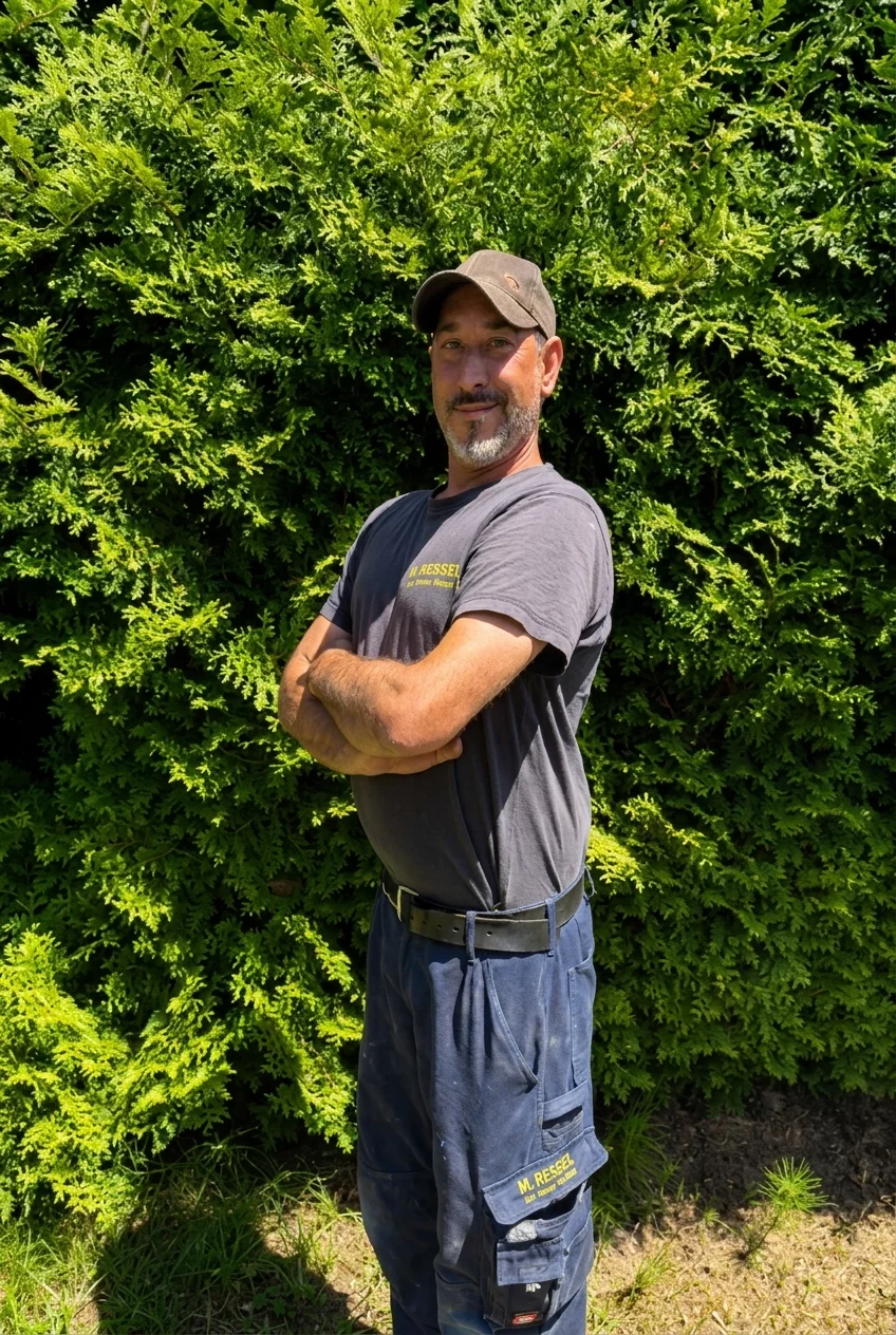 Mann mit grauem T-Shirt und Mütze steht vor grünen Büschen mit verschränkten Armen.