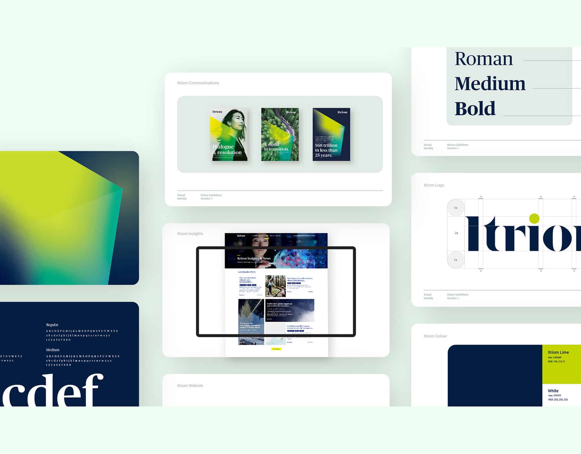 Itriom brand guidelines showing the wordmark, typographic scale, colour palette and layout system applied across print and digital templates.