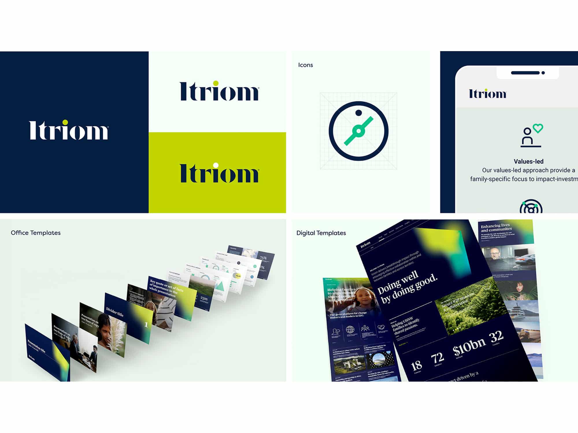 Itriom identity applied across logo lockups, an icon set, a mobile app screen and office and digital presentation templates.