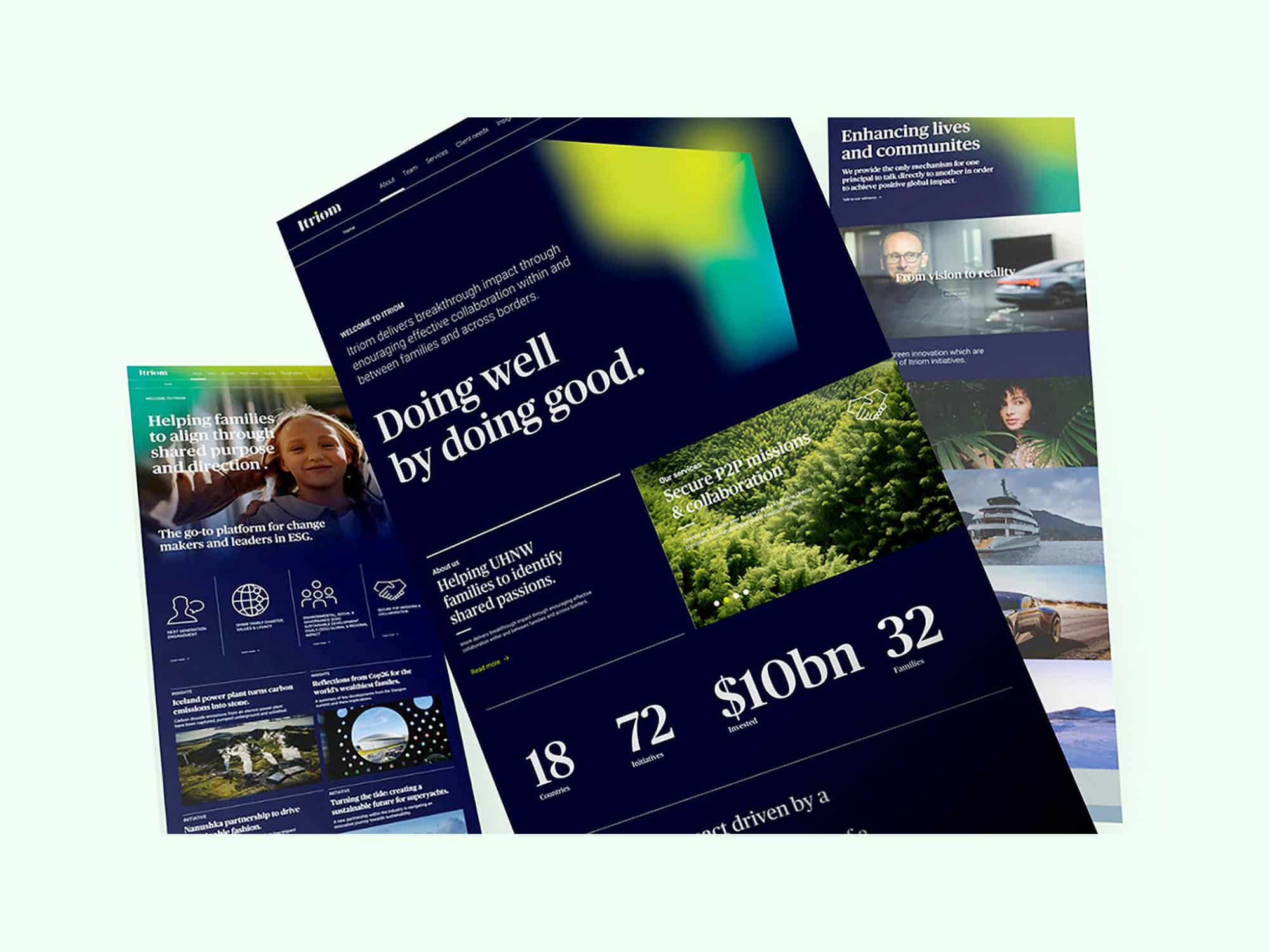 Itriom website pages carrying the Doing well by doing good message, with impact statistics and family office case content.