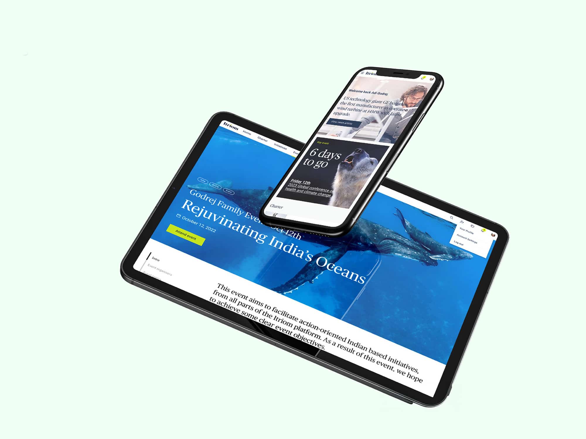 The Itriom platform on tablet and phone showing the Rejuvenating India's Oceans initiative and its countdown to a live event.