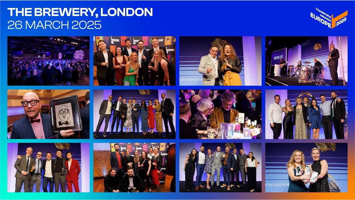 Photographs from the Transform Awards Europe 2025 ceremony at The Brewery, London on 26 March 2025, showing winners collecting their trophies.