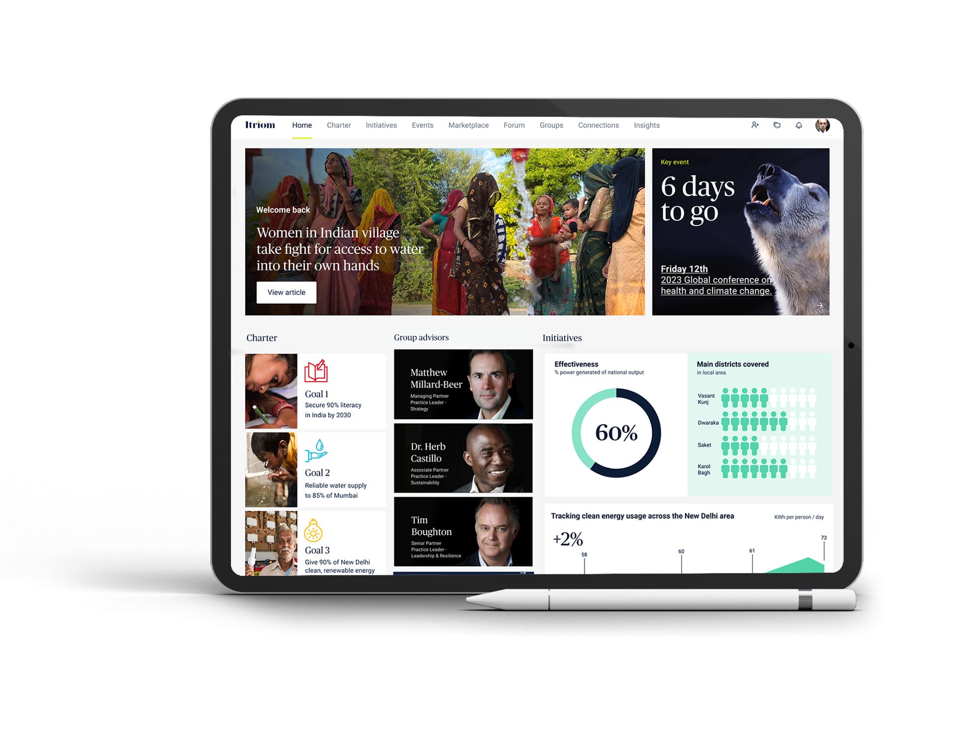 The Itriom platform on a tablet, showing the family charter, group advisers and impact initiatives with progress tracking.